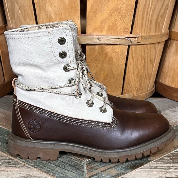 Timberland Earthkeepers Fold Down Canvas Brown Leather Waterproof Boots Womens 6 - Picture 1 of 13